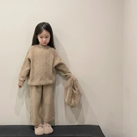 autumn winter girls retro style knitted warm clothes sets long sleeve loose sweater and wide leg woolen yarn trousers