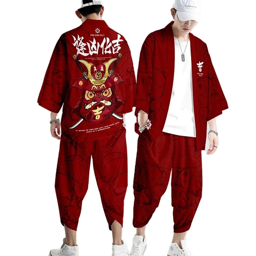 2022 New Plus Size XS-6XL Red Lucky Cow Print Japanese Style Fashion Kimono and Pant Set Men Women Cardigan Haori Obi Asian