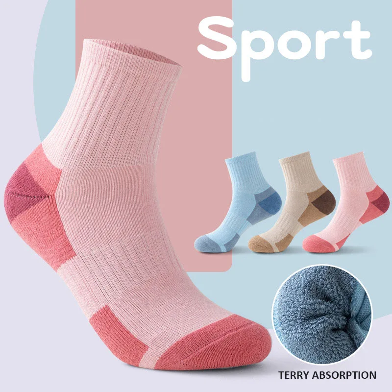 GYMIGO 3 Pairs Winter Women Sport Socks Mid -tube Outdoor Cycling Sports Socks Soft Warm Fitness Travel Towel Socks