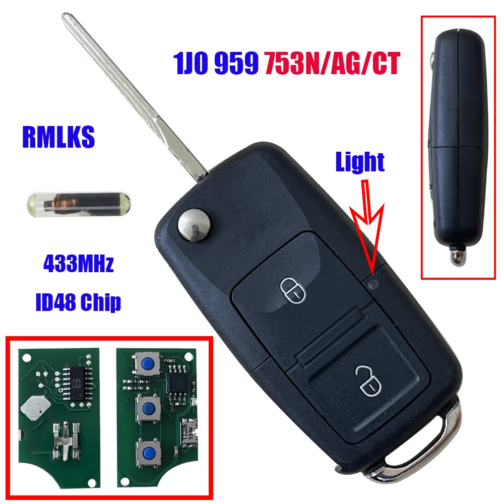 Флип-чехол для VW Bora Golf Polo Passat Touran Seat Skoda 434MHz ID48 Chip 1J0959753AG 1J0959753CT 753N