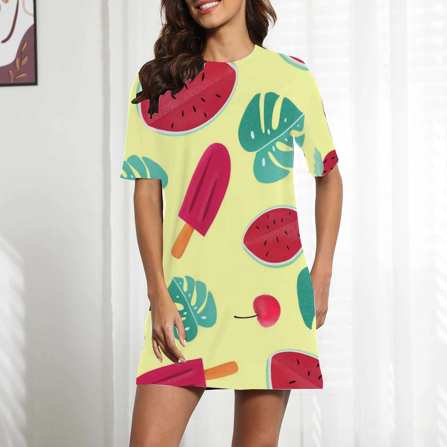 

2022 Women Dress Short Sleeve O Neck Midi Dress Fruit Whole Body Print Women Dresses Beach Style Elegant Loose Casual Clothes
