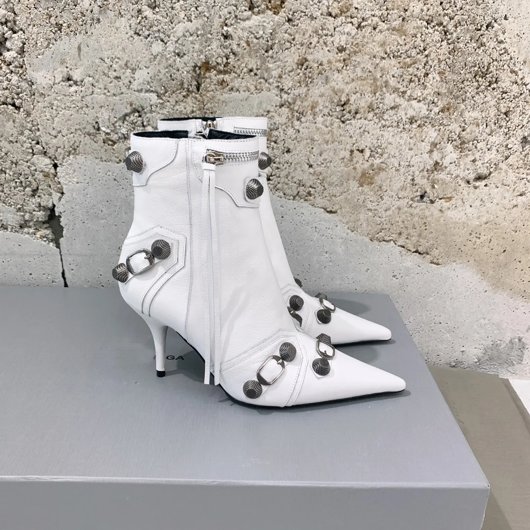 

New Season Paris Cagole Leather Ankle Boots White Leather Crinkled Studs Buckle Tassel Zip 90mm Stiletto Heel Shoes