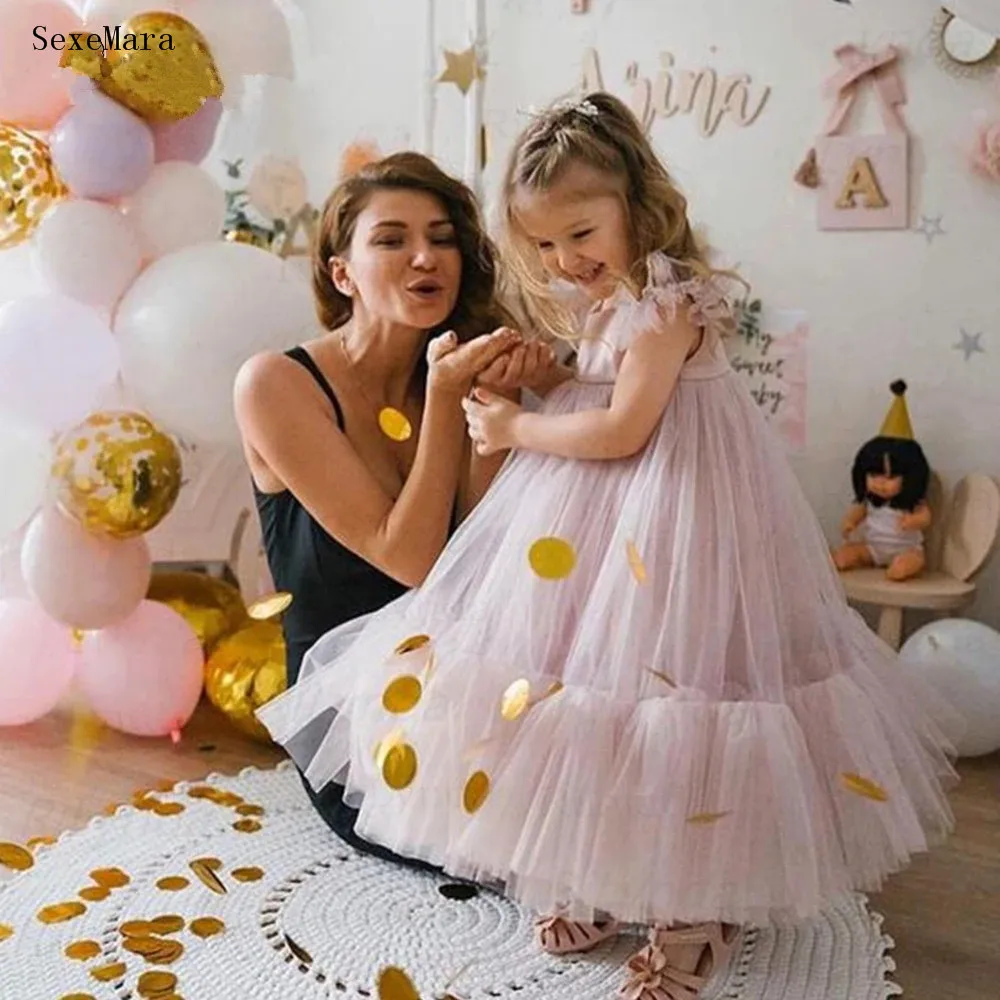 

Flower Girl Dresses Tea Length Elegant Kid Party Gowns Pink Puffy Tulle Kids First Comunion Pageant Dress