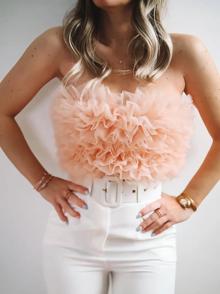 

Icclek 2022 Women Cropped Tops Pink Knitted Gauze Tank Tops Off Shoulder Strapless Tube Tops Summer Croset Sexy Bodycon Chic Top