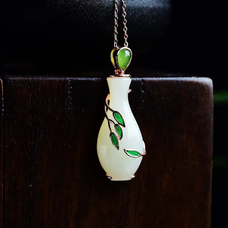 

Real S925 Silver Plated Natural Hotan Jade Willow Chinese Style Guanyin Jade Bottle Pendant MeibaPJ Exquisite Gift Jewelry