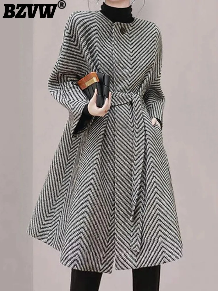 

BZVW нишевое повседневное высококачественное полосатое шерстяное пальто для женщин 2023 осень-зима свободное элегантное женское пальто со шнуровкой на талии 25X3466