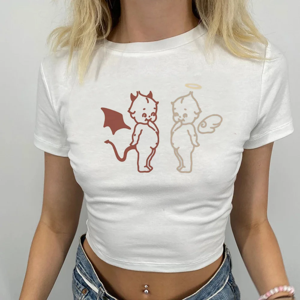 

Y2k футболка с ангелом Фея гранж fairycore Готический кроп-топ женские yk2 2000s Kawaii укороченные футболки