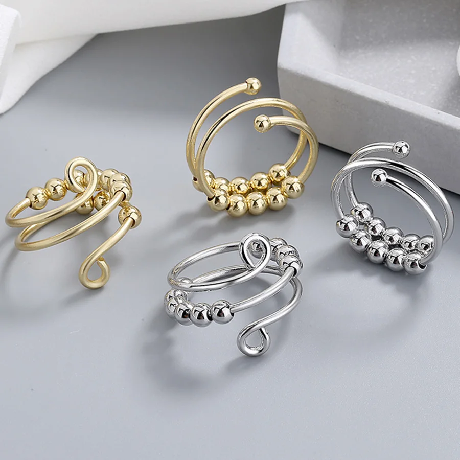 

1PC Handmade Free Rotation Beads Rings For Women Punk Simple Decompressed Jewelry Gifts Gold Silver Color Spinner Bead Open Ring
