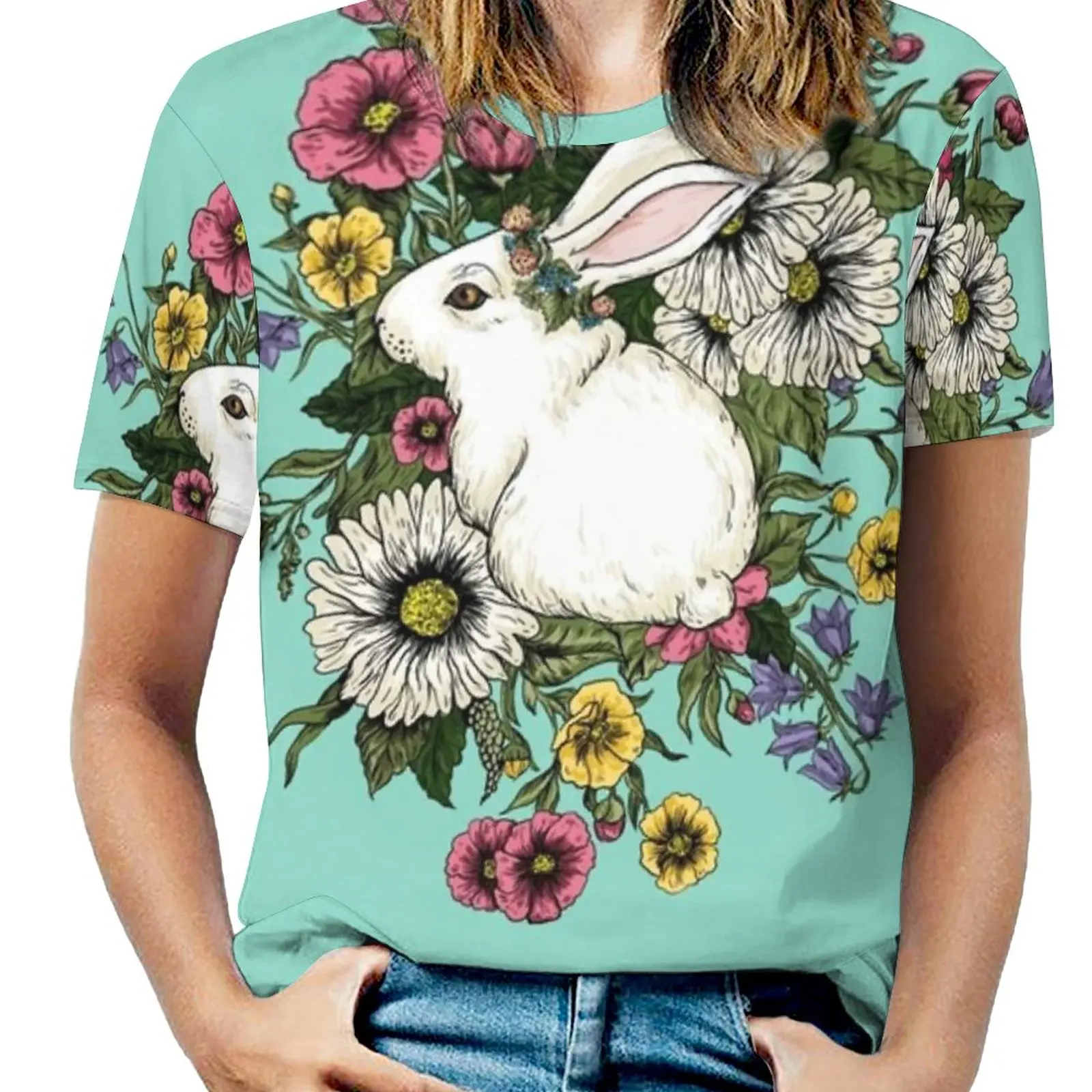 

Женская футболка с принтом кролика в цветах, футболка с круглым вырезом для весны и лета