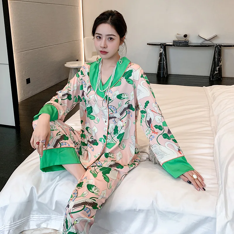 Thin Satin Pajamas Female New Home Clothes Cardigan Suit Loungewear Women Pyjamas Women Sexy Sleepwear