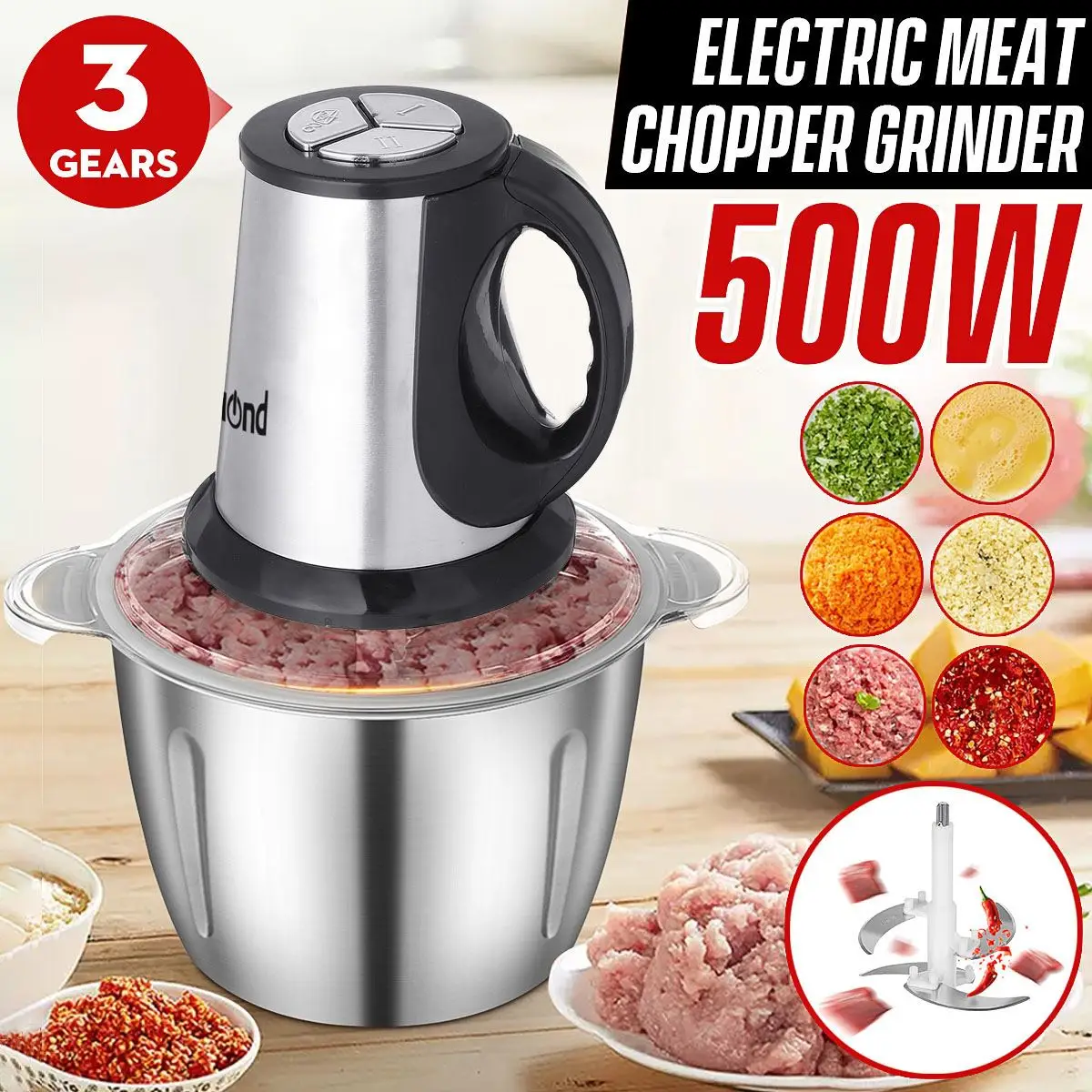 

500W 3L Capacity 3 Speeds Meat Grinder Stainless Steel 4 Blades Electric Meat Chopper Mincer Slicer Food Mixer Kitchen Blender