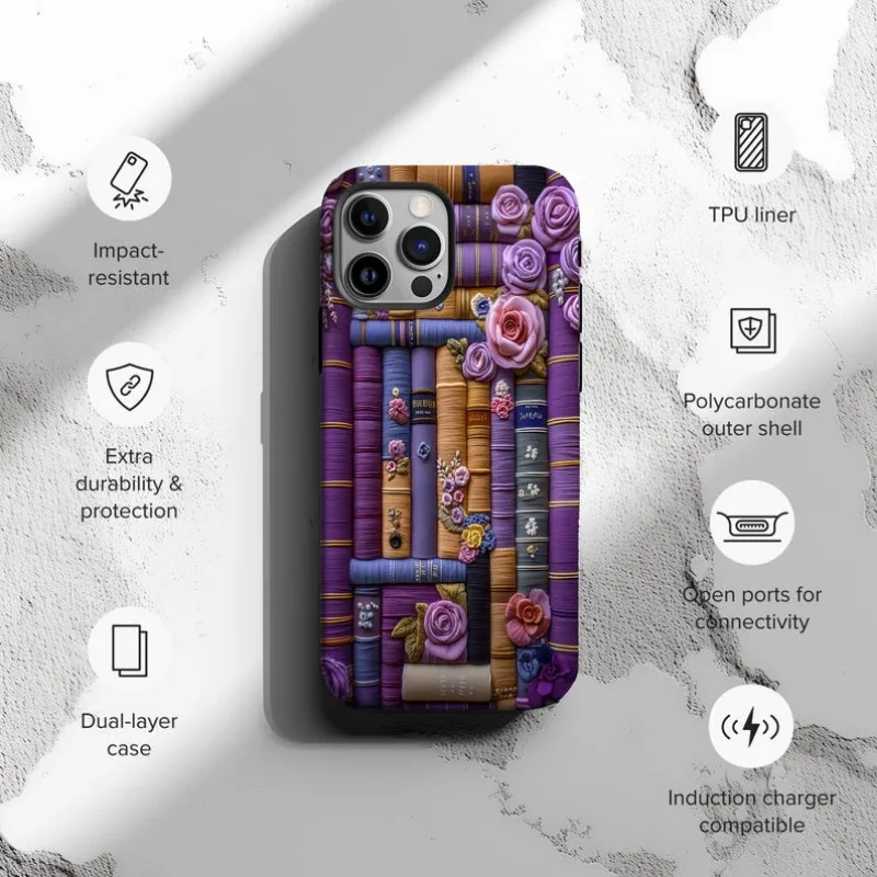 Фиолетовый винтажный чехол с книжной полкой и цветочным принтом для iPhone 16 15 14 13 12