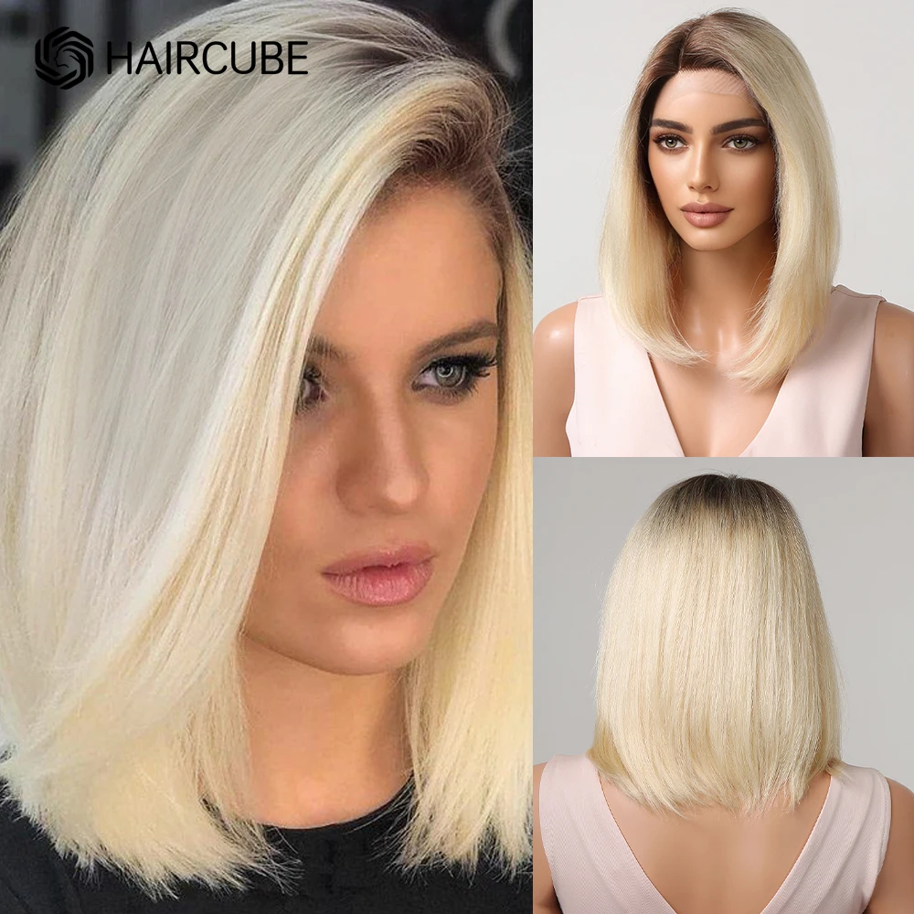 Light Blonde Brown Ombre Bob Human Hair Straight Lace Front Wig Shoulder Long Side Part Wigs for Women Lob Hairstyle HAIRCUBE