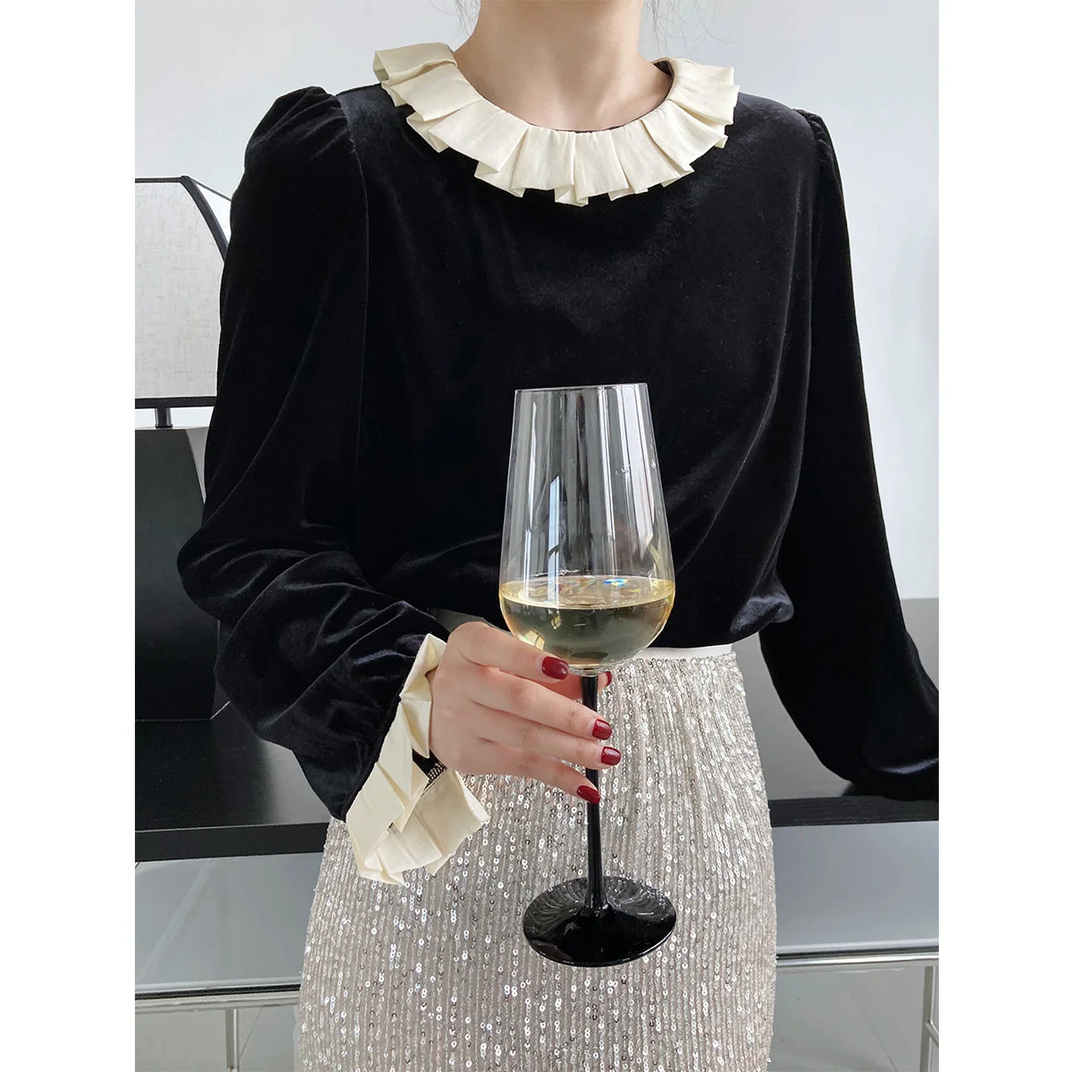 

Velvet Doll Collar Shirt Black Long Sleeve Women Top
