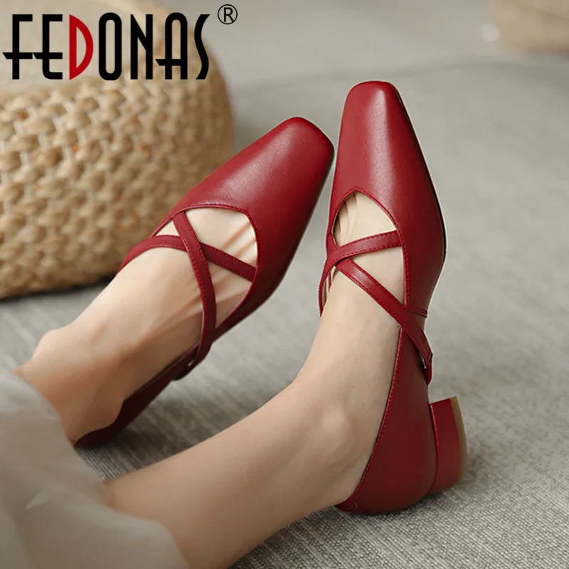 

FEDONAS Casual Concise Women Genuine Leather Pumps Cross-Tied Classic Low Heels Working Shoes Woman Square Toe Spring New 2021