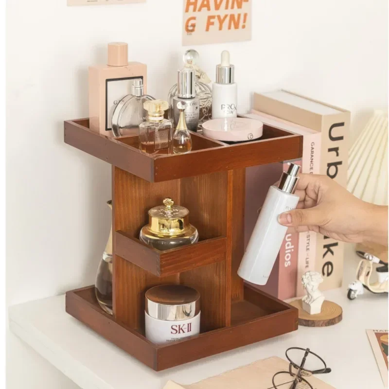 Винтажный деревянный органайзер для макияжа Настольный Вращающийся ящик