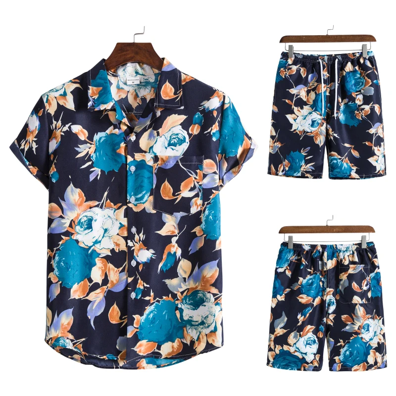 

Summer Men Hawaiian Shirt Sets Short Sleeve Print Casual Button Shirt Beach Shorts 2 Piece Holiday Suit Fashion Brand Clothing
