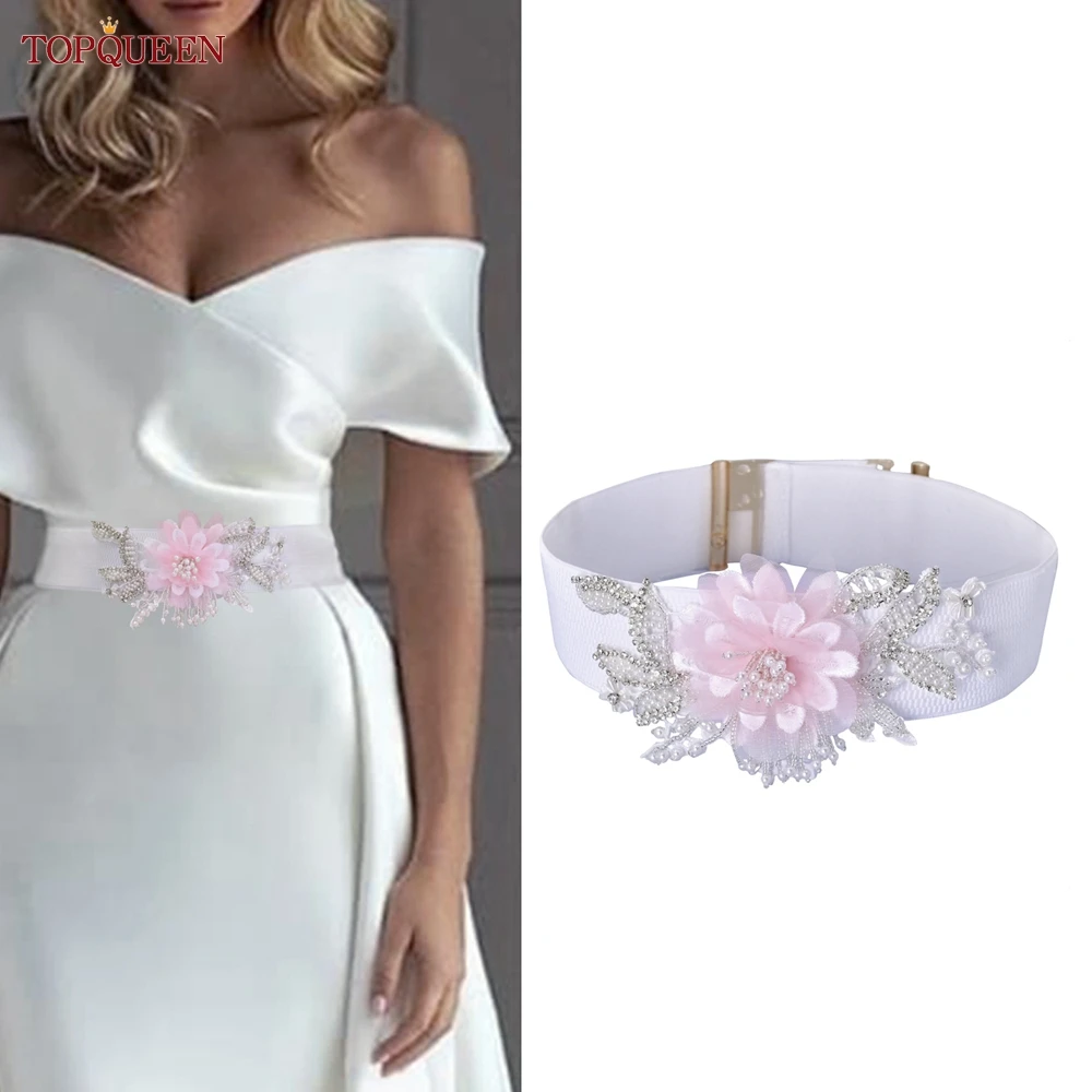 

TOPQUEEN S498 Women'S Accessories Elegant Female Pearl Belt Pink Flower Metal Gold Elastic Buckle Belt