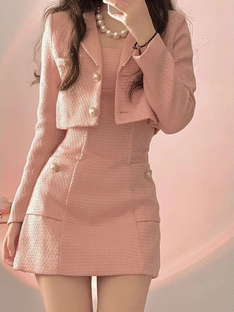 Autumn Pink Elegant Two Piece Set Women Korean Style Balzer Coat+Strap Mini Dress Set Female Solid Casual Slim Designer Set 2022