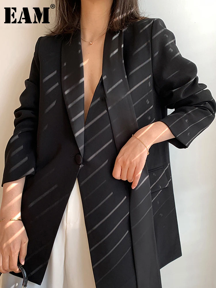 [EAM]  Women Black Vintage Irregular Blazer New Notched Collar Long Sleeve Loose Fit  Jacket Fashion Spring Autumn 2023 1DD5534