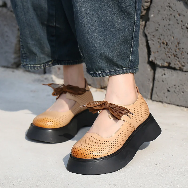 

Luxury brand genuine Leather women's Super light thick soled sponge Breathable hollow single in summer Women's fashion shoes