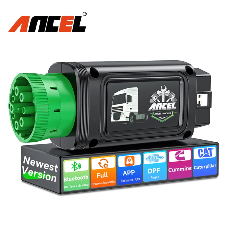 

ANCEL HD100 Heavy Duty Truck Scanner Bluetooth DPF Regen Full Systems Car Diagnostic Tool for Cummins Caterpillar 9/12 Pin