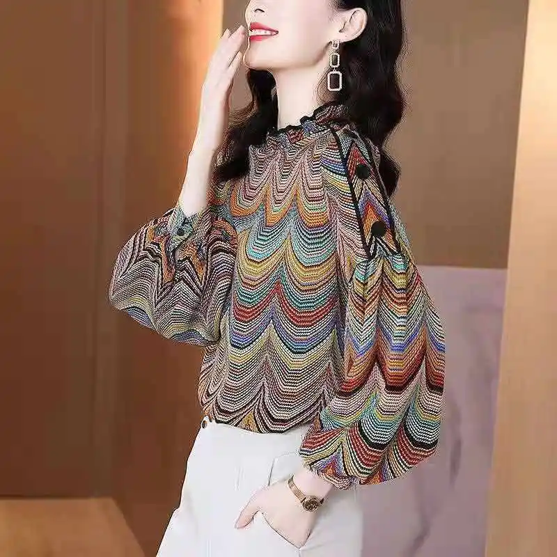 

Long-sleeved shirt blouse female 2022 spring and summer new large size loose lantern sleeve wavy print imitation silk shirt