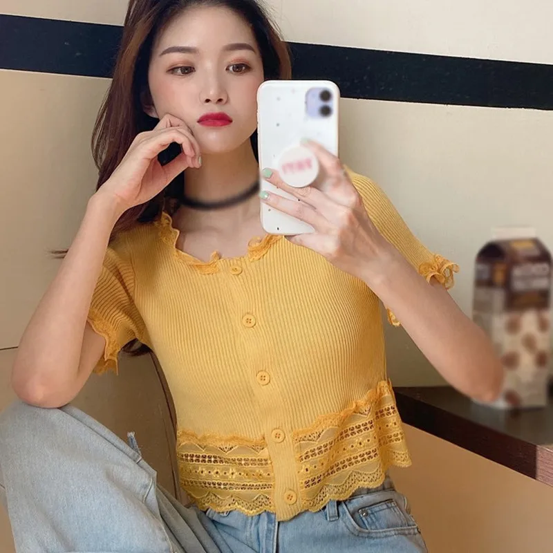 

Summer Solid Knitted Exposed Navel Short-sleeved T-Shirt Women's Fashion New Round-Neck Button Puff Sleeve Tops