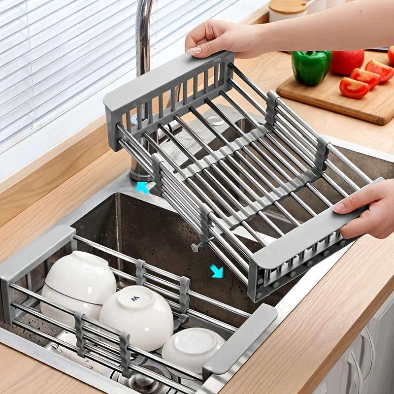 

Multifunctional Kitchen Sink Drain Rack Retractable Stainless Steel Drain Basket Over The Sink Dish Drying Rack Accessories