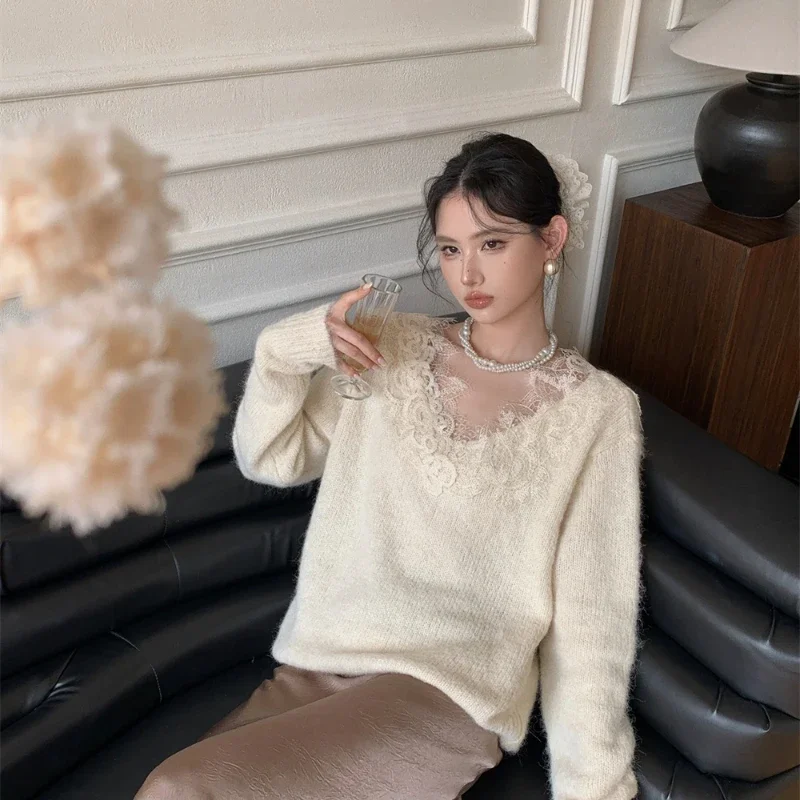 Korean Chic Sweet Lace Patchwoek V-neck Loose Pullovers Long Sleeve Casual Temperament Sweaters Women 2024 Fall Winter Jumpers