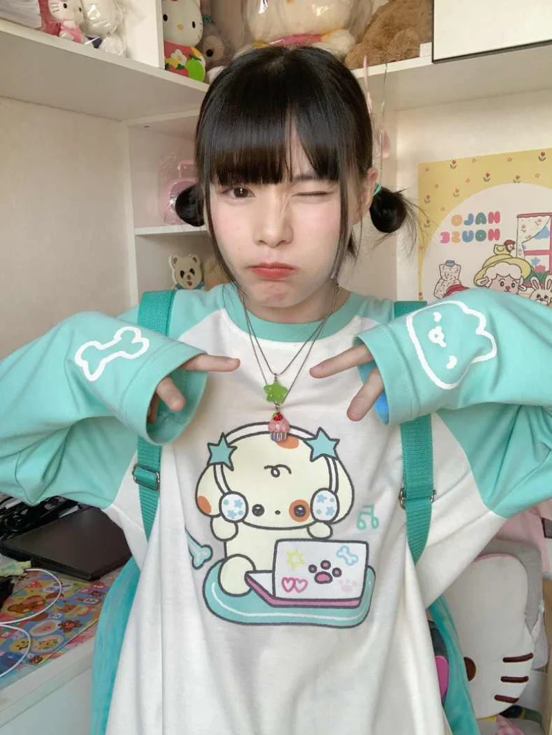 

Japan Style Aesthetic Y2k Tshirts Sweet Cartoon Dog Print O Neck Long Sleeve Hoodies Cute Tops Harajuku Sweatshirts Women Tees