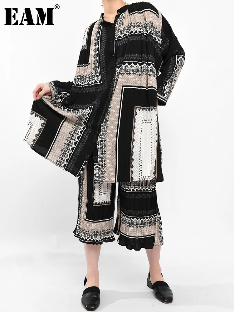 

[EAM] Wide Leg Pants Printed Two Piece Suit New Stand Collar Long Sleeve Black Loose Women Fashion Spring Autumn 2023 3AJ91501