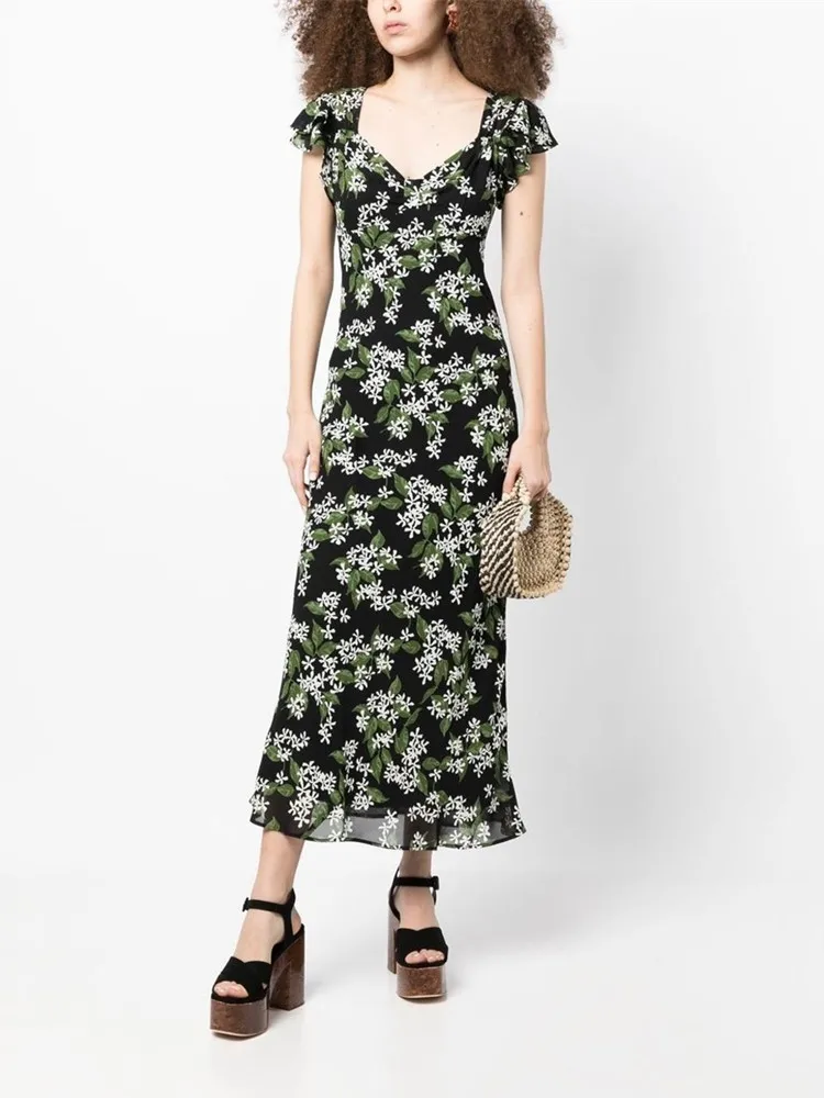 Women Leaf Print Robes Elegant Layered Ruffle V-Neck 100% Viscose High Waist Female 2023 Summer Long Dress