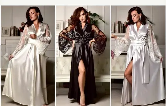 

Women Sexy Underwear Fashion Imitation Ice Silk Fabric Large Size Nightdress Sexy Lace Long Sleeved Waist Tie Ladies Home Dress