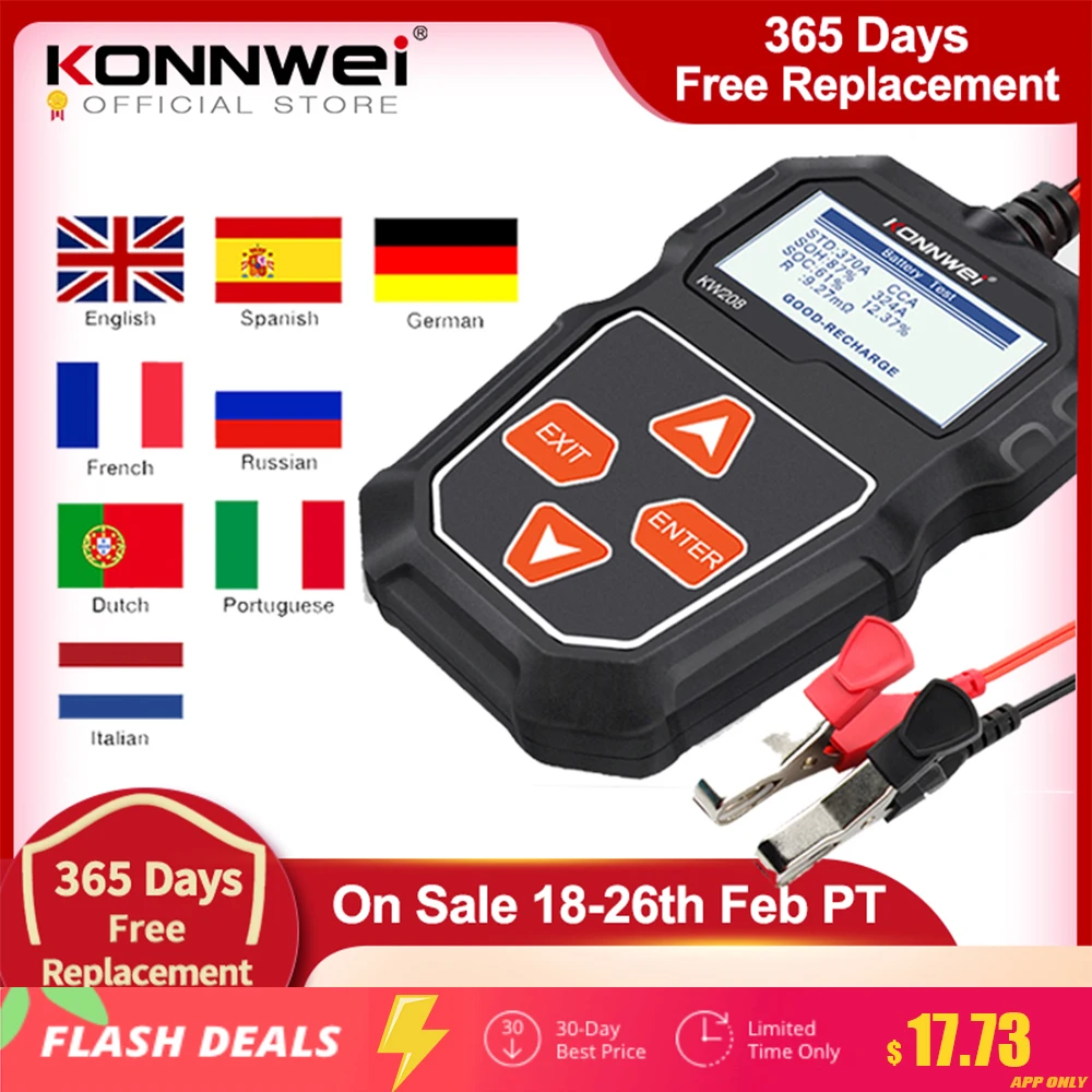 KONNWEI-probador de batería de coche KW208, 12 V, 100 a 2000CCA, probador de arranque, Analizador de batería, herramientas de batería de 12 voltios