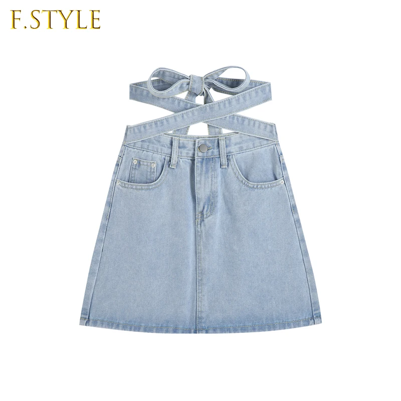 F GIRLS Women's Blue Denim Mini Skirt Cross Lacing High Waist A-line Vintage Baggy Harajuku Jeans Skirt Designer Women Fashion