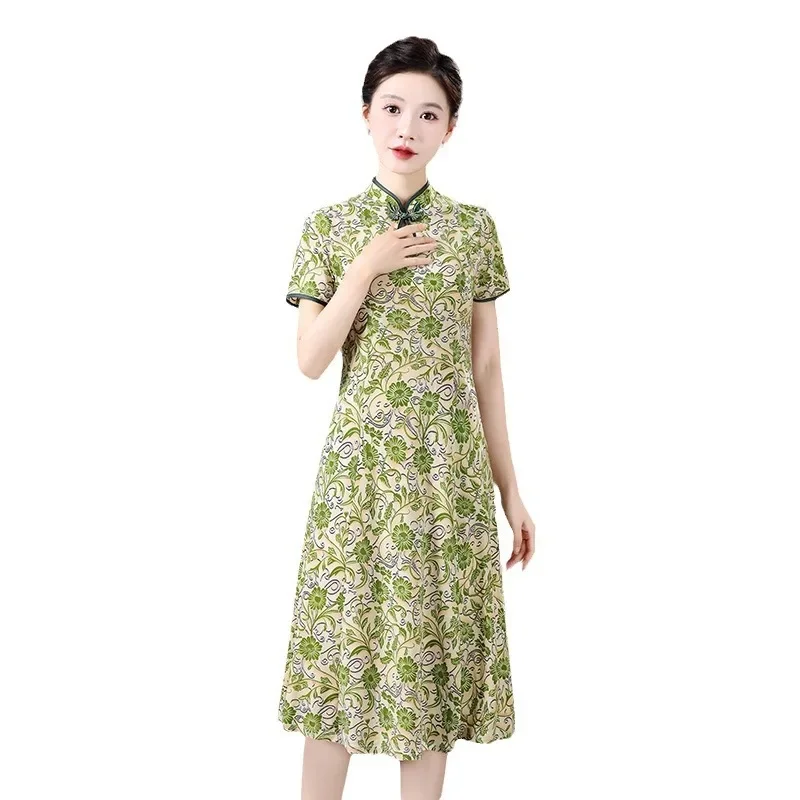 Винтажное улучшенное китайское платье летнее с коротким рукавом для женщин