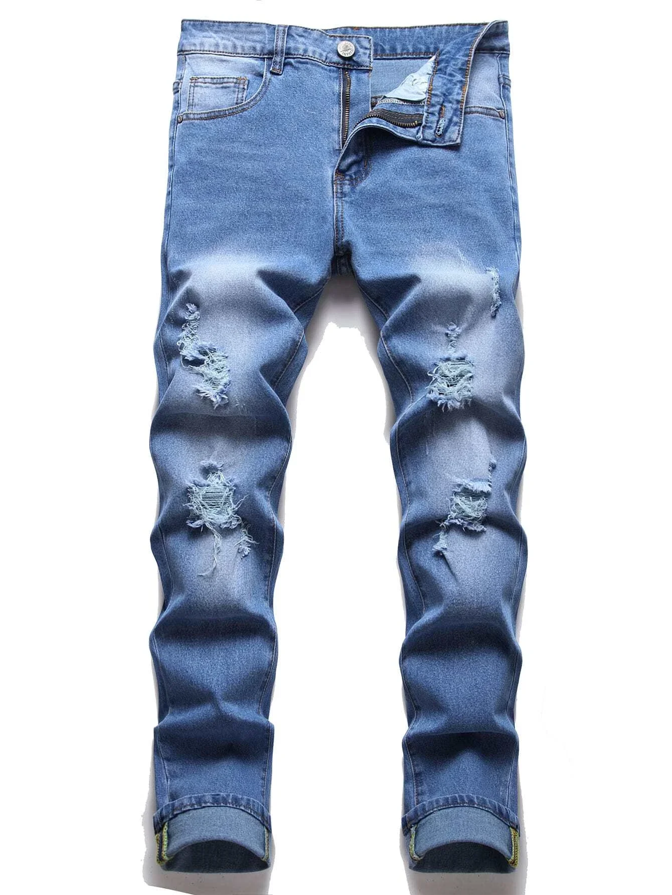 

Брюки мужские зауженные рваные, пикантные джинсовые штаны с дырками, повседневные брюки-скинни, облегающая Байкерская верхняя одежда, лето-...