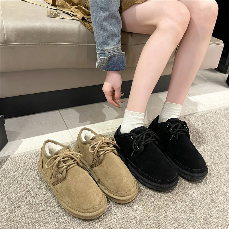 

Round Toe Shoes Woman Flats Low Heels Dress Winter Big Size Plush Basic Lace-Up Rome Fabric Rubber Snow Boots Ankle Slip-On Floc