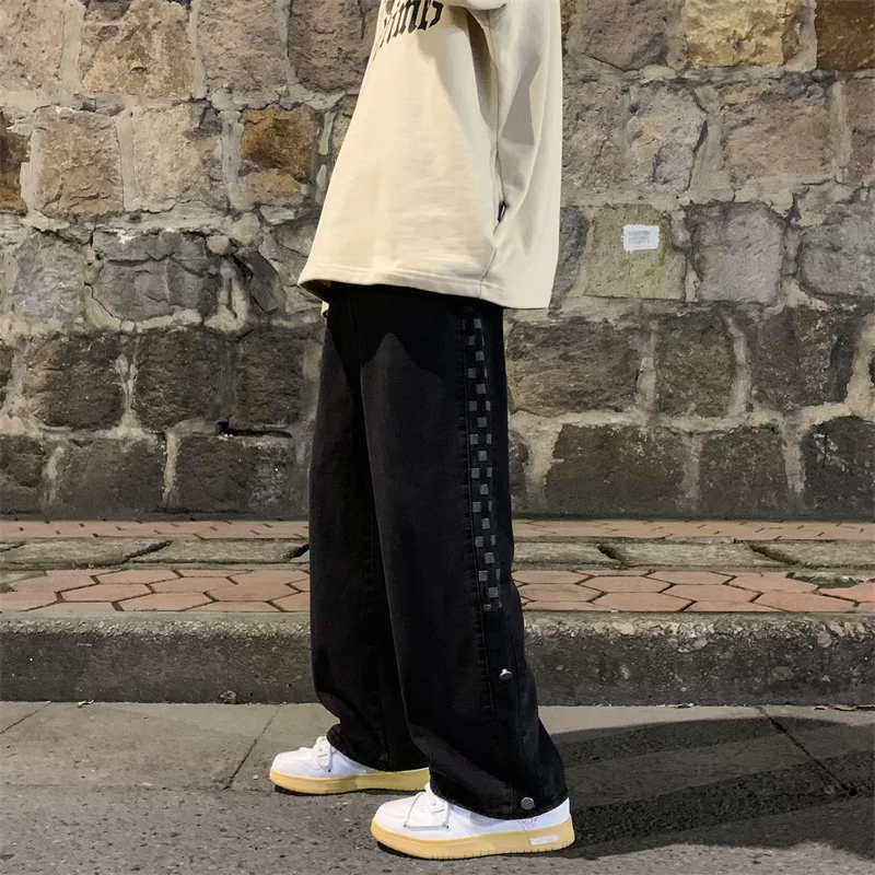 Autumn Side Buttons Jeans Men Harajuku Loose Classic Trousers Denim Straight Casual Streetwear Large Size S-3XL College Students