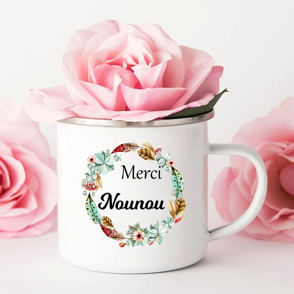 Merci Nounou Printed Mugs Creative Coffee Tea Cups Drink Water Milk Cup Enamel Mug School Home Handle Drinkware Gifts for Nounou images - 6