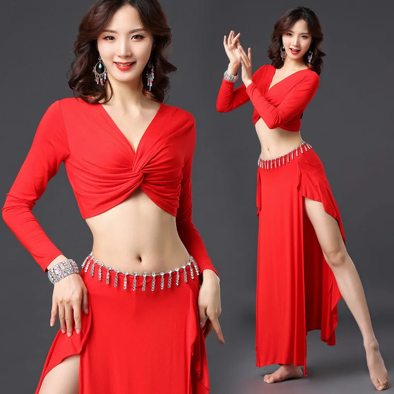 

Solid Color Oriental Dancing Woman Costume Suit Sari Indian Women For Weddings Jazz Ruffle Hip Scarf Belly Dancer Latin Clothes