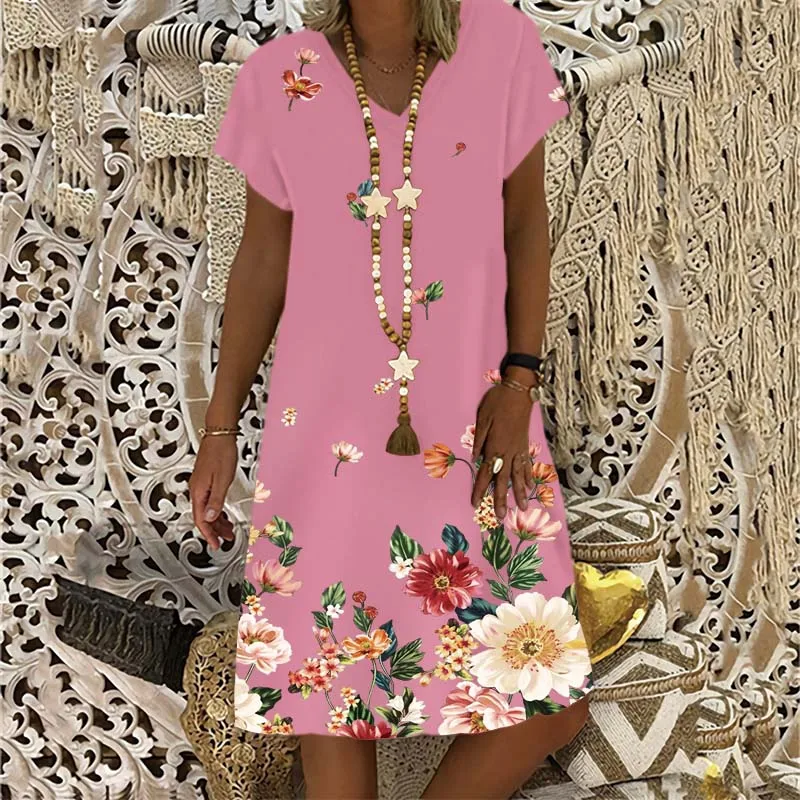 

Summer New 2022 Fashion Women's Floral Short Sleeve Casual V-Neck Loose Plus Size Soft and Comfortable Dress S-5XL