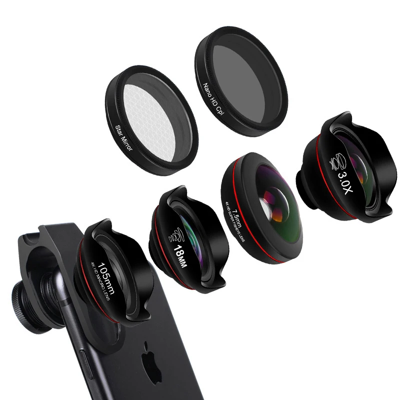 

6in1 Cell Phone Camera Lens Kit Fisheye Wide Angle Macro Telescope Mobile Lenses With CPL Star Filter HD Optical Coated Lens Set