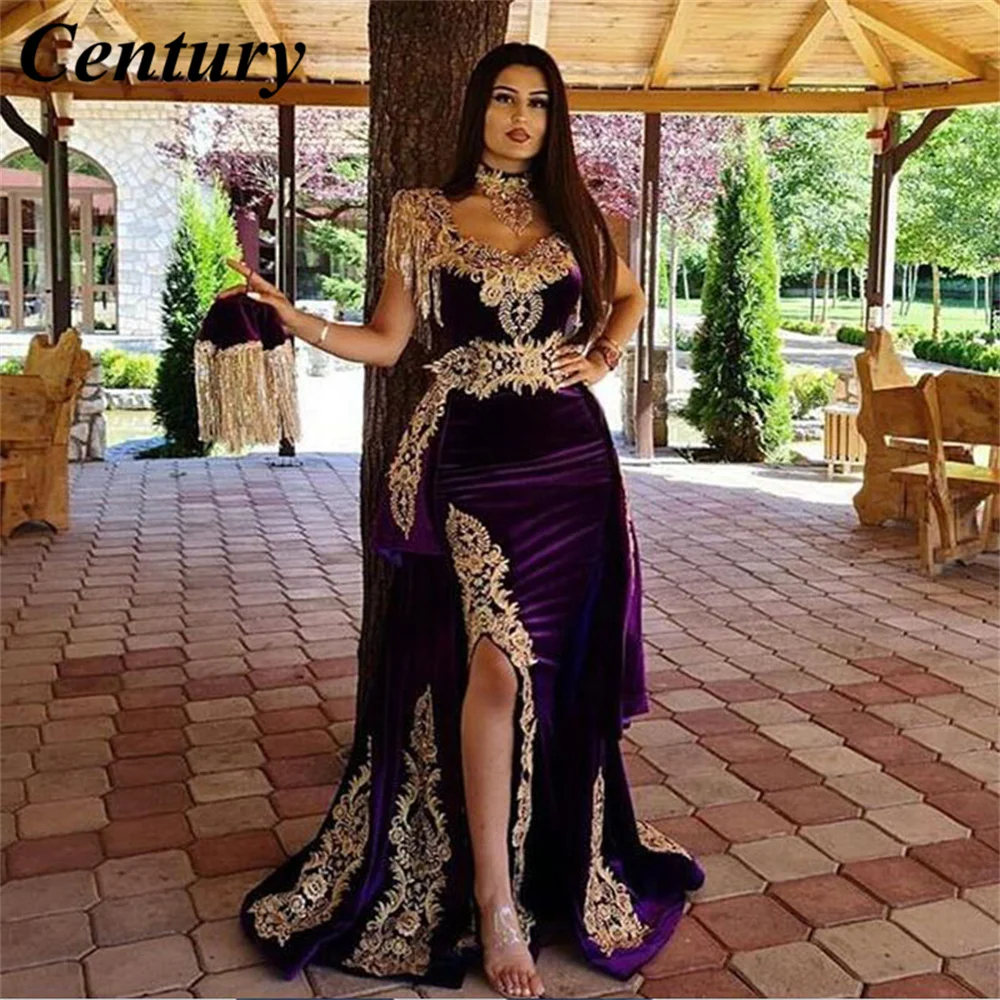 

Moroccan Caftan Evening Dress With Detachable Train Gold Appliques Velvet Mermaid Dubai Arabic Prom Gown Party Dress 2023