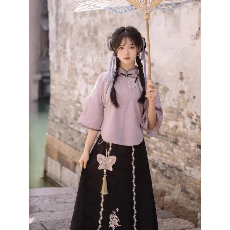 

Autumn Republic Style Purple Jacquard Long Sleeved Cheongsam Top Black Lace Skirt Tang Suit for Women Improved Ancient Costumes