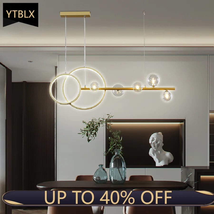 

Dining Living Room LED Chandelier Black Or Gold Modern Simple Glass Ball Pendant Lamp Restaurant Bar Coffee Long Hanging Light