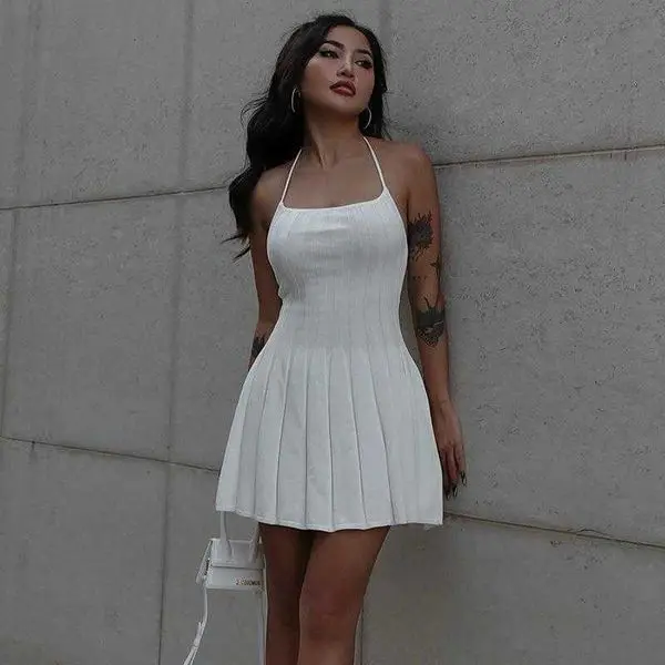 

Sexy Halter Girl Backless Woolen Dress Short Skirt Style Temperament Waist