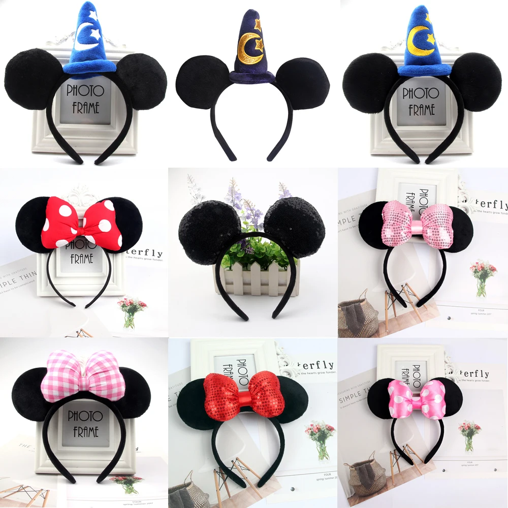 Disney Cute Plush Headdress Toy Mickey Minnie Mouse Headwear Princess Mickey Minnie Ears Girls Hair Bands Head Hoop Kid Gift