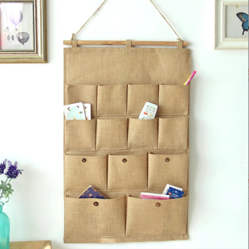 

Wall Store Receive Hanging Bag Household Cloth Art Adornment 13 Pocket Plain Cotton and Linen Hanging Bag High Quality